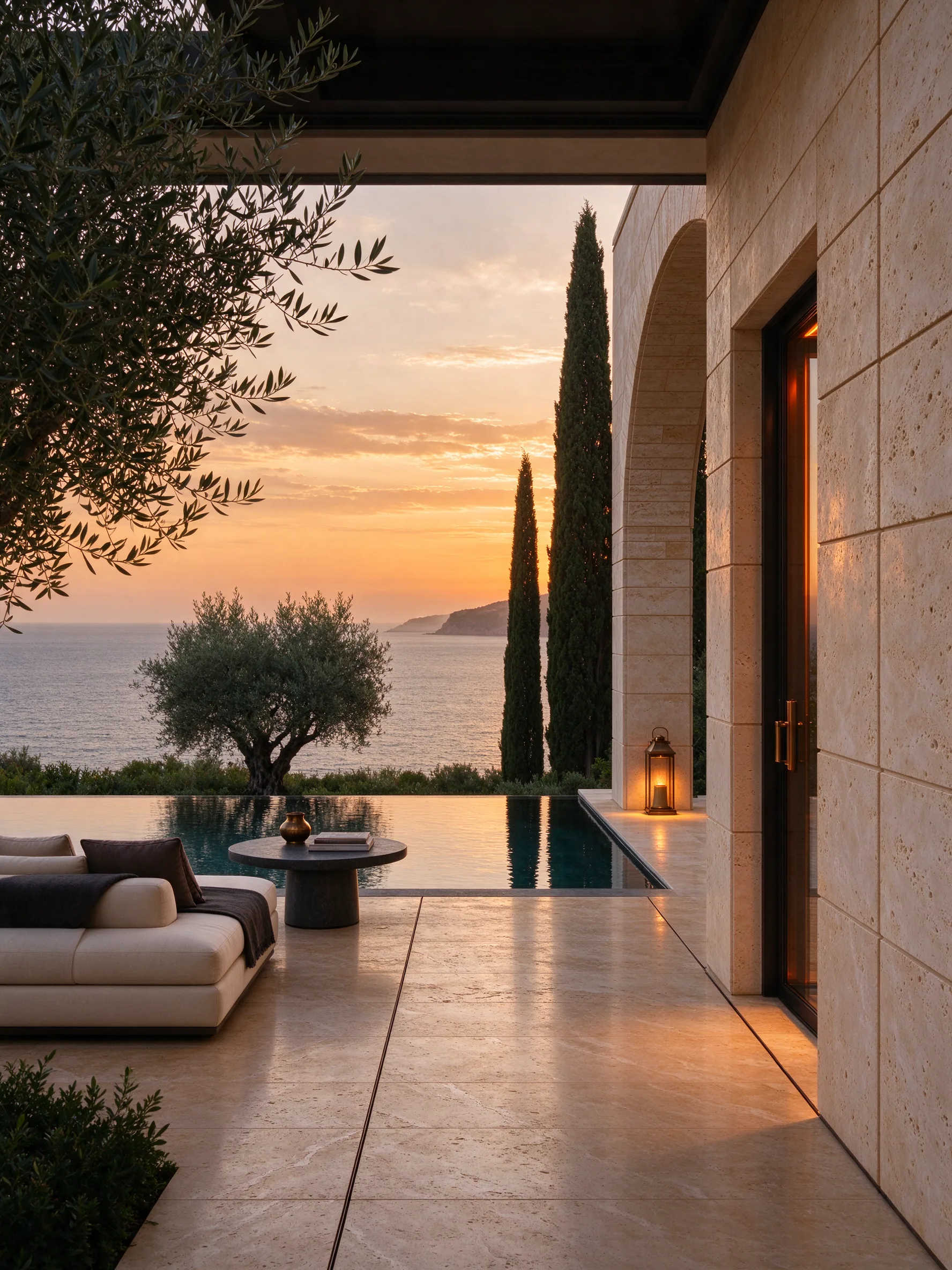 Terrasse d'une villa au coucher du soleil